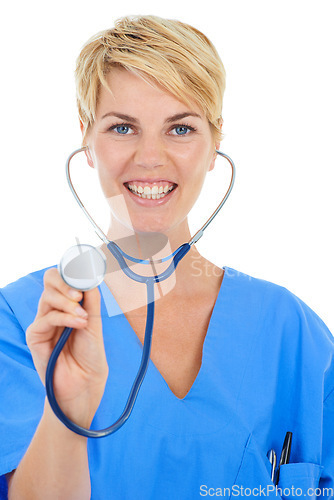 Image of Doctor, woman and stethoscope in a studio portrait for cardiology, healthcare and support or check. Young, happy nurse listening for health with patient POV and medical services on a white background