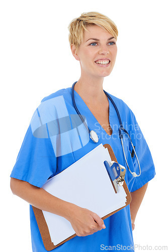 Image of Woman, doctor thinking and documents in studio for medical research, assessment or clinic checklist. Happy healthcare worker or nurse with services, clipboard and paperwork on a white background