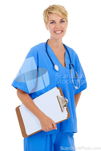 Image of Woman, nurse and portrait with checklist in studio for medical research, assessment or writing of clinic results. Happy healthcare doctor with notes, clipboard and services on a white background