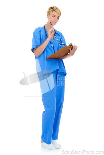 Image of Woman, doctor and clipboard for thinking on healthcare in studio, checklist and paperwork by white background. Medical professional, documents and insurance agreement for medicare, care and forms