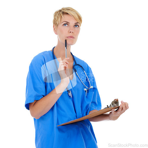 Image of Doctor, nurse thinking and documents in studio for medical research, assessment or clinic checklist. Healthcare worker or woman with service solution, clipboard and paperwork on a white background