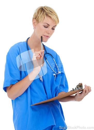 Image of Doctor, woman thinking and checklist in studio for medical research, assessment or clinic documents. healthcare worker or nurse with service solution, clipboard and paperwork on a white background