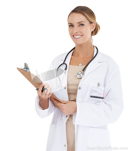 Image of Woman, doctor and portrait with checklist in studio for medical service, assessment and consultation. Professional or healthcare worker with documents, clipboard and clinic test on a white background