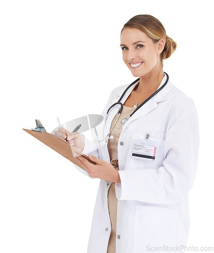 Image of Woman, doctor and portrait with checklist in studio for medical research, assessment or writing of clinic results. Happy healthcare worker with notes, clipboard and services on a white background