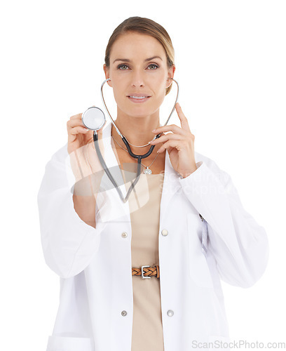 Image of Doctor, woman and stethoscope in a studio portrait for cardiology, healthcare and support or check. Professional medical worker listening for checkup, patient POV and services on a white background