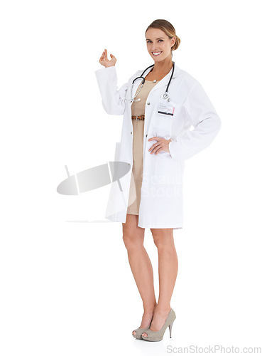 Image of Happy woman, white background or portrait of doctor pointing up at space isolated with smile. Help, advertising or confident nurse showing medical healthcare information, service or advice in studio