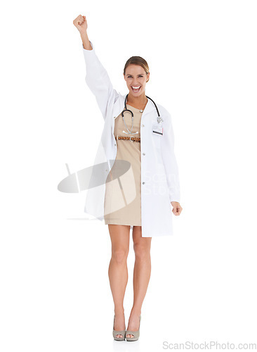 Image of Woman, doctor and celebration in portrait for healthcare in studio, wellness and insurance. Medical professional, happiness and medicare achievement or success, face and smile by white background