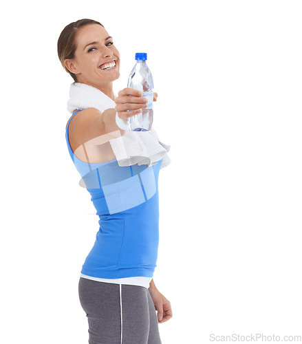 Image of Woman, workout portrait and water bottle in studio for health, wellness and training on a white background. Happy person or sports model giving liquid for gym energy, fitness and exercise challenge