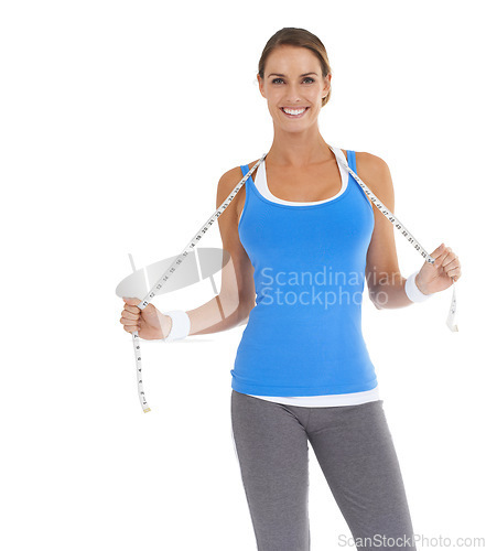 Image of Woman, portrait and measure tape in studio for fitness, weight loss or health results with training progress. Happy model or active person with exercise, gym or workout diet on a white background
