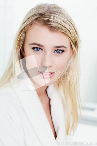 Image of Portrait, woman and face of blonde for makeup, cosmetics or beauty in bathroom at home. Closeup of attractive, gorgeous or young female person or model in satisfaction for facial spa treatment
