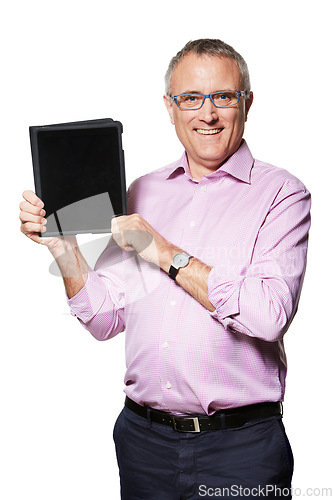 Image of Senior business man, tablet and mockup with screen, tech promo or company website ads on white background. Portrait, UX and connectivity, professional advertising with IOT and digital info in studio