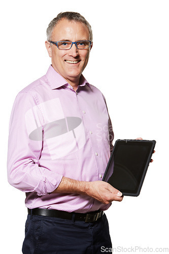 Image of MAture business man, tablet and mockup with screen, tech promo or company website ads on white background. Portrait, UX and connectivity, professional advertising with IOT and digital info in studio