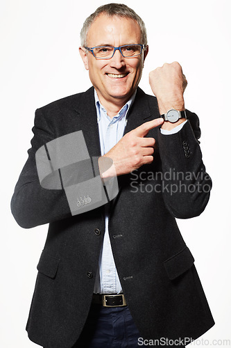 Image of Senior, CEO with business man and watch, boss point with schedule and time management on white background. Agenda, calendar and clock with accountant in studio, appointment and tracking for deadline