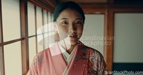 Image of Japanese woman, portrait and kimono for ceremony in Chashitsu room with traditional fashion. Vintage, style and girl with pride, respect and honor for culture, heritage and waiting for matcha or tea