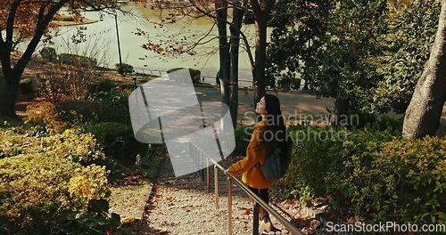 Image of Japanese, park and woman from back walking and travel on vacation, adventure and explore path with trees. Gen z, student and happy journey on holiday in nature, forest and trail in Kyoto woods