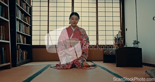 Image of Woman, Japanese and spiritual wellness in traditional tatami room for zen culture, gratitude or ritual. Asian person, kneel and kimono for mindfulness care healing or bamboo floor, worship or holy