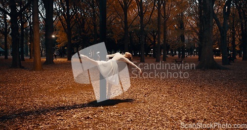 Image of Ballerina, dancing and night for outdoor performance at street light or flexibility, practice or creative. Female person, leg and dress on pointe in Japanese garden for talent, entertainment or skill