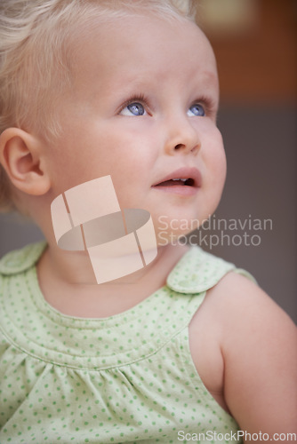 Image of Baby, kid and girl play in home, adorable and cute child closeup alone in house. Young blonde toddler, innocent and childhood development for learning, education and thinking in kindergarten nursery