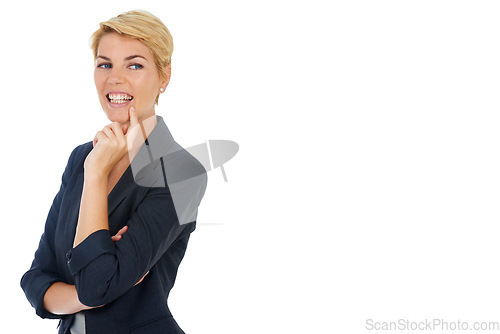 Image of Business woman in studio, thinking with smile and inspiration for professional startup on mockup. Brainstorming, planning and happy consultant with creative development idea on white background space