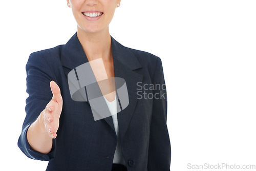 Image of Businesswoman, handshake offer and interview in studio, recruitment and welcome to company. Female person, hiring manager and hr employee by white background, meeting and smiling for onboarding