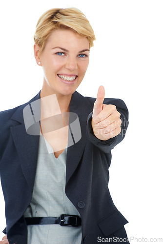 Image of Portrait of happy businesswoman with thumbs up, smile and vote for deal agreement success in studio. Professional person with hand gesture for good job, gratitude or achievement on white background.