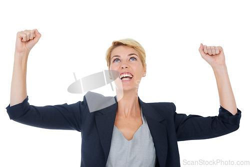 Image of Businesswoman, celebration and success or fist pump in studio, winner and victory by white background. Female person, professional and happy for corporate achievement, promotion and salary increase