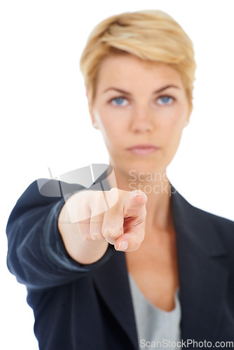 Image of Portrait, woman or manager pointing to you for recruitment business on white background in studio. Serious, pick or worker with gesture, choice or promotion showing an opportunity, vote or selection