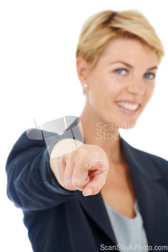 Image of Portrait, happy or businesswoman or pointing to you for recruitment on white background in studio. Hand, smile or worker with gesture, choice or promotion showing an opportunity, pick or selection