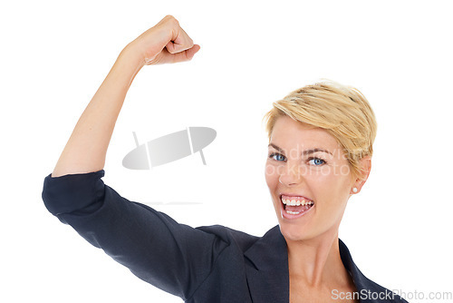 Image of Flex, happy and portrait of woman in a studio with feminism, women empowerment and career success. Smile, excited and female person with strong arm muscles for achievement by white background.