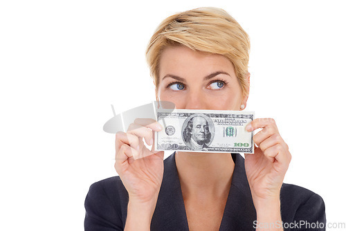 Image of Dollar, secret or businesswoman in studio on a white background for corruption or silence. Cover mouth, illegal payment or corrupt financial manager with cash for bribery, fraud or money laundering