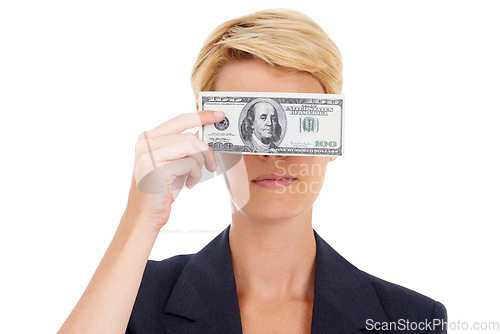 Image of Business woman with cash on face, dollars and bonus prize opportunity isolated on white background. Money, budget and economic resources, lady with financial win or credit funding payment in studio.