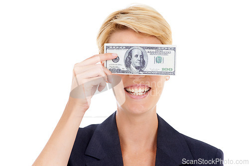 Image of Happy business woman with cash on face, dollars and bonus prize giveaway isolated on white background. Money loan, budget and smile, lady with financial freedom or credit funding payment in studio.