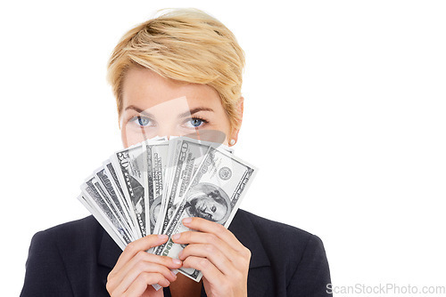 Image of Portrait of business woman with money fan, dollars and bonus prize giveaway isolated on white background. cash, budget and mockup, lady with financial freedom or credit funding payment in studio.