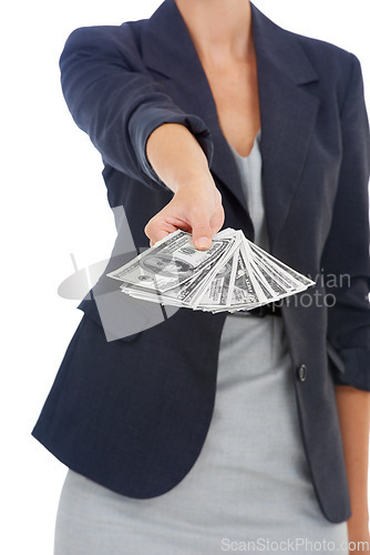 Image of Hands of business woman with cash, dollars and bonus prize giveaway isolated on white background. Money, budget and economic resources, lady with financial freedom or credit funding payment in studio