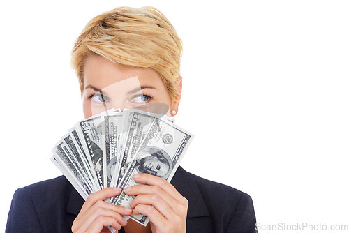 Image of Face of business woman with money fan, dollars and bonus prize giveaway isolated on white background. Cash bills, budget and savings, lady with financial freedom or credit funding payment in studio