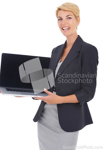 Image of Business woman, laptop screen and portrait in studio for presentation, human resources software and job information. Professional worker on computer mockup space for career FAQ on a white background