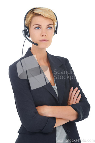 Image of Woman in studio, call center or manager with arms crossed in customer service or telemarketing. White background, serious or sales consultant agent with headset or pride in tech support or telecom