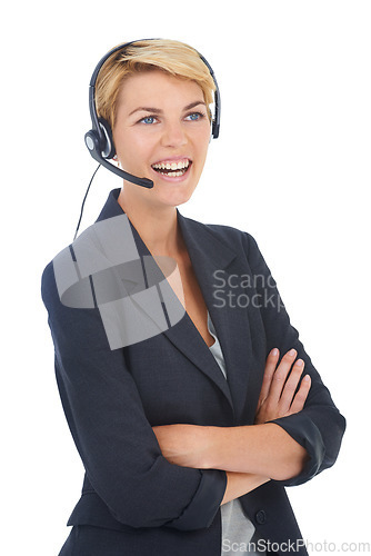 Image of Woman, crm and call centre headset in studio, customer service and operator by white background. Female person, consultant and telemarketing agent or representative, advisor and technical support