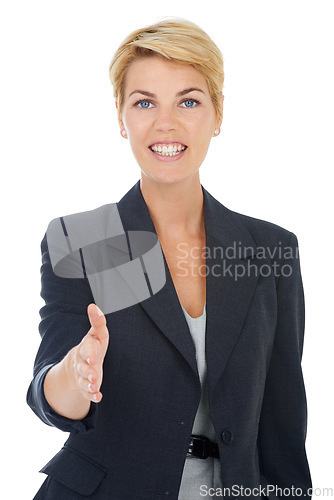 Image of Businesswoman, handshake offer and portrait in studio, recruitment and welcome to company interview. Female person, hiring manager and hr employee by white background, meeting and face for onboarding