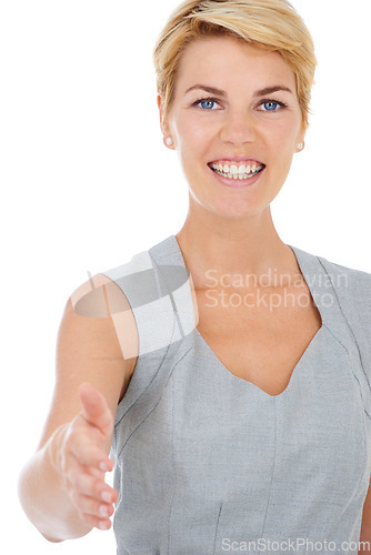 Image of Businesswoman, handshake introduction and portrait in studio, recruitment and welcome to company interview. Female person, hiring manager and hr employee by white background, meeting and onboarding