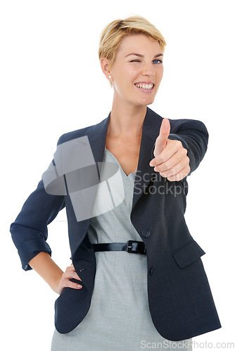 Image of Portrait of happy business woman with thumbs up, wink and smile for deal agreement success in studio. Professional person with hand gesture for good job, gratitude or achievement on white background.