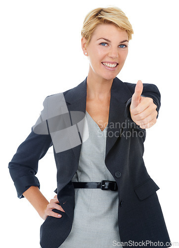 Image of Portrait of business woman with thumbs up, smile and feedback for deal agreement success in studio. Professional person with hand gesture for good job, gratitude or achievement on white background.