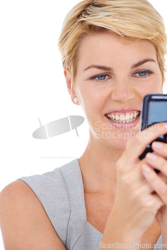 Image of Phone, white background or happy woman on social media to chat on internet or website notification. News, smile or female entrepreneur in studio texting, networking or typing online on mobile app