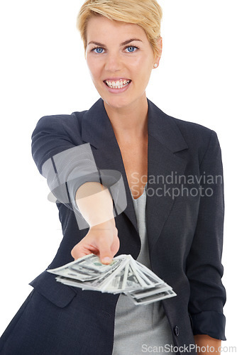 Image of Portrait of business woman with cash offer, dollars and bonus prize giveaway isolated on white background. Money, budget and profit, lady with financial freedom or credit funding payment in studio.