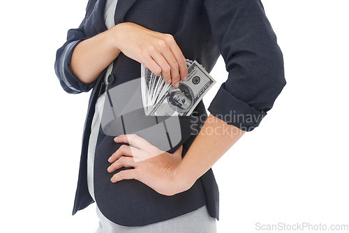 Image of Cash, pocket or hands businesswoman in studio for illegal payment, corruption deal or secret scam. Closeup, white background or financial manager with dollars for bribery, fraud or money laundering