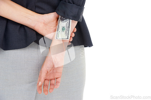 Image of Cash, hidden or hands of manager in studio for illegal payment, corruption or secret scam. Sleeve closeup, white background or businesswoman stealing dollars for bribery, fraud or money laundering