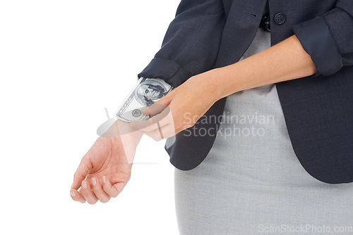 Image of Corrupt, money or hands of businesswoman in studio for illegal payment, deal or secret scam. Cash in sleeve, white background or financial manager with dollars for bribery, fraud or crime closeup