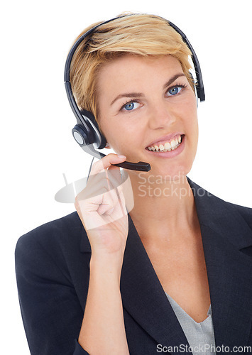 Image of Business woman, call center portrait and communication, customer service or support in studio. Face of professional agent, virtual consultant or advisor with FAQ or contact us on or white background