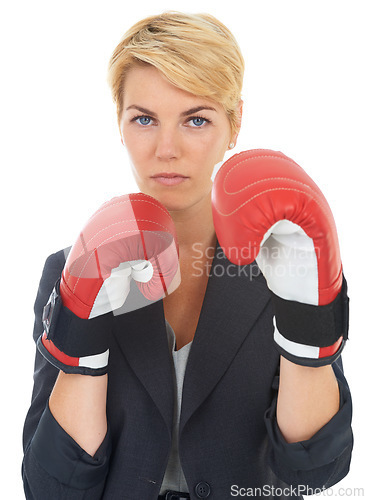 Image of Businesswoman, portrait and boxing gloves with face for corporate fight, confident and white background. Executive, strong and dedicated professional to business, formal and serious female person