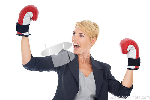 Image of Businesswoman, happiness and boxing gloves with success for corporate win, confident and white background. Executive, good news and celebration for business competition, triumph and female person